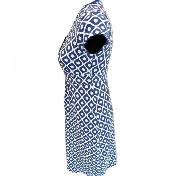 GUC BODEN Faux Wrap Knit Dress, 2 Petite, Blue/White geometric Floral Pattern - Picture 7 of 11